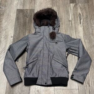 Billabong charcoal black bomber jacket ski snowboard winter faux fur trim Small